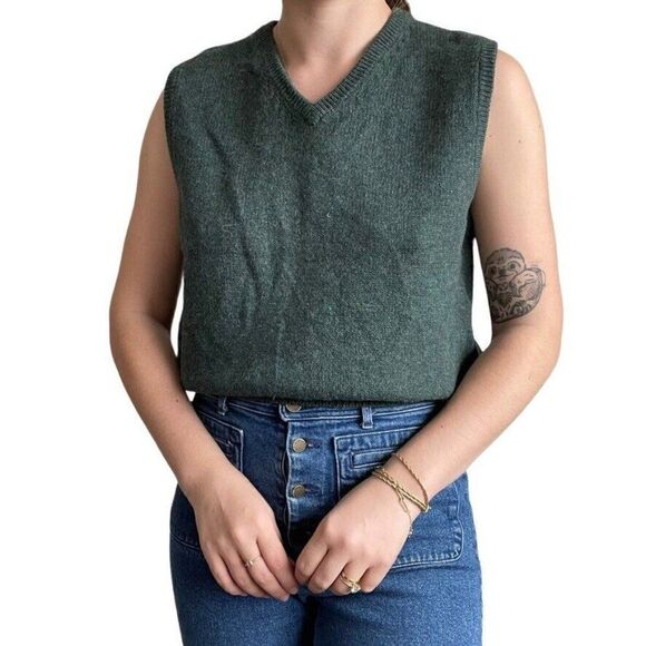 Vintage Abercrombie And Fitch Forest Green 100% Wool V Neck Sweater Vest Sz L - Picture 1 of 7